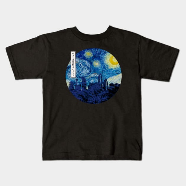 Oklahoma City Van Gogh Starry Night Circle Kids T-Shirt by Ferrazi